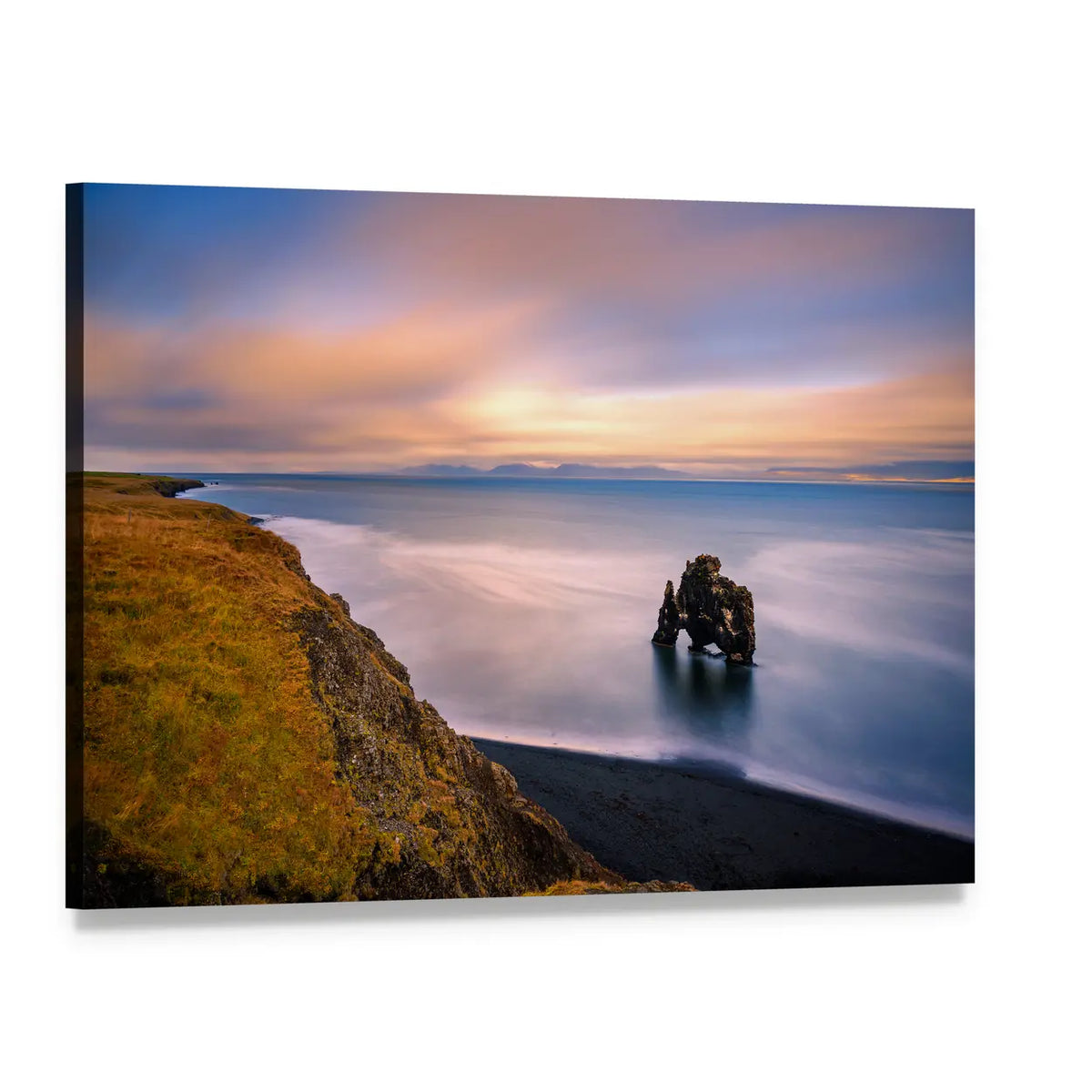 Hvitserkur Sea Stack at Sunset Canvas Wall Art, single panel gallery wrapped canvas, angled product view
