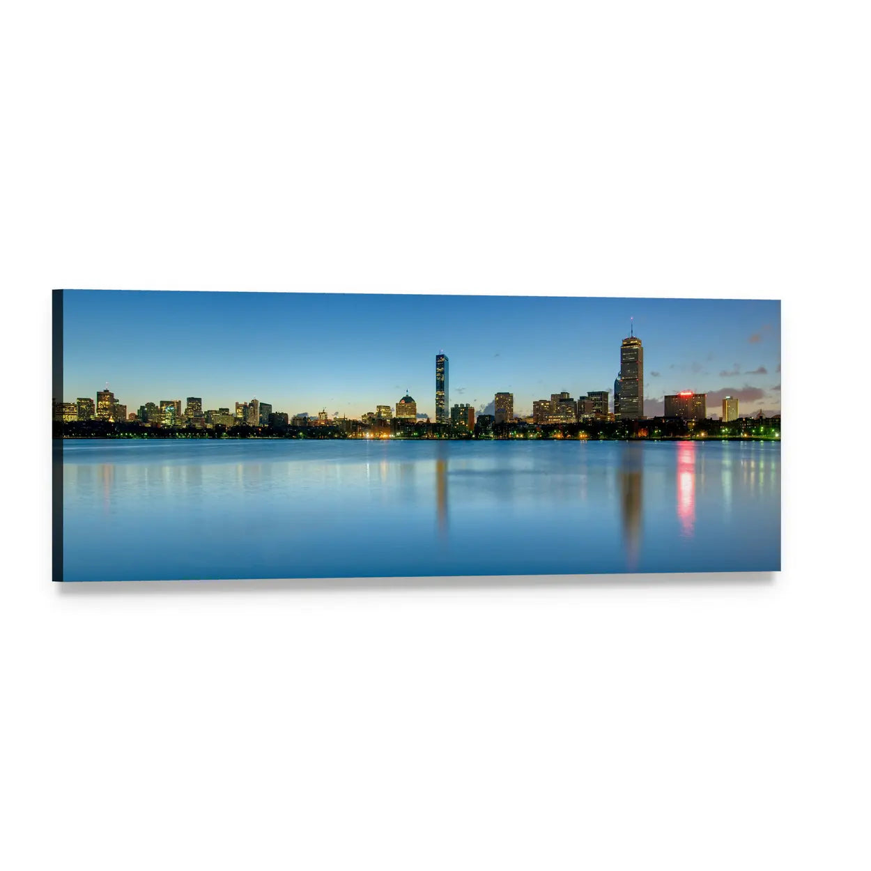 Boston Skyline at Dusk with Water Reflections Panoramic Canvas Wall Art, single panel gallery wrapped canvas, angled product view