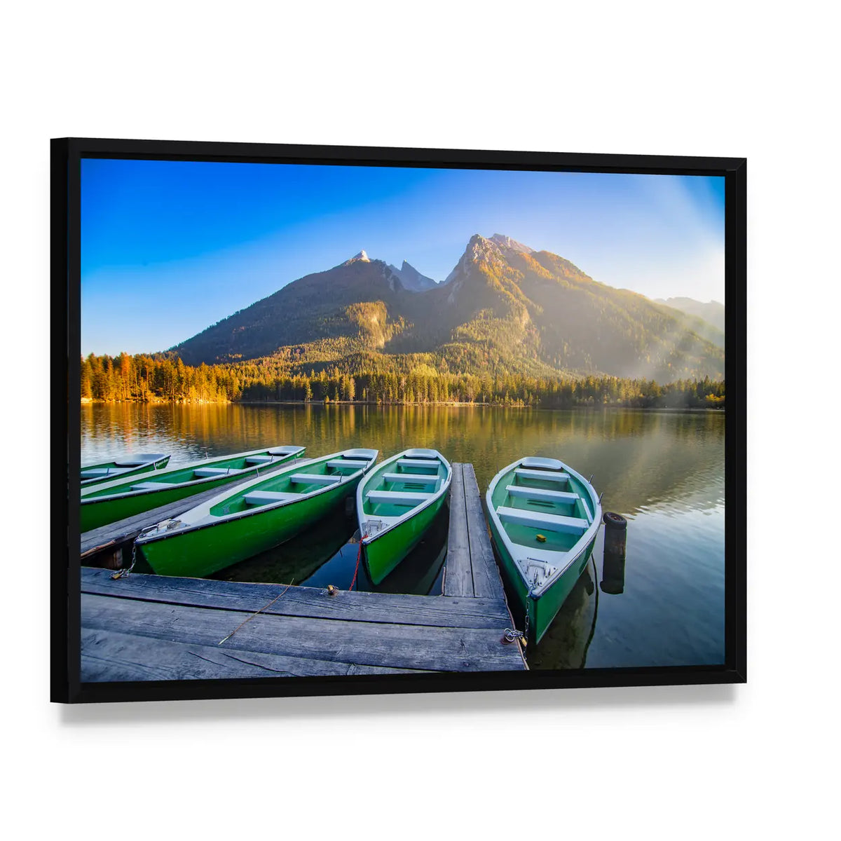 Green Rowboats on Mountain Lake Canvas Wall Art, framed canvas in a black floater frame, angled product view