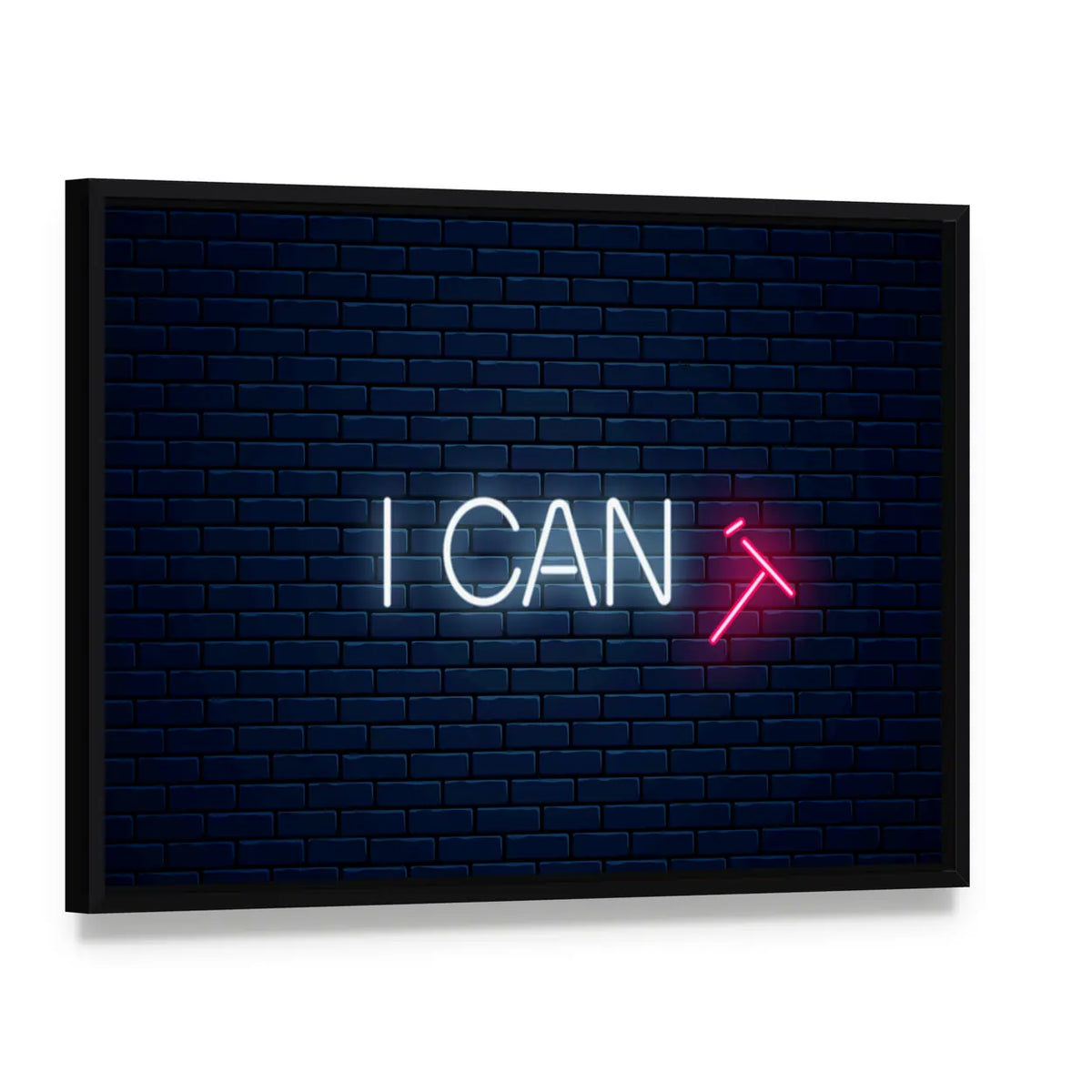 I Can Neon Quote with Crossed-out T Canvas Wall Art, framed canvas in a black floater frame, angled product view