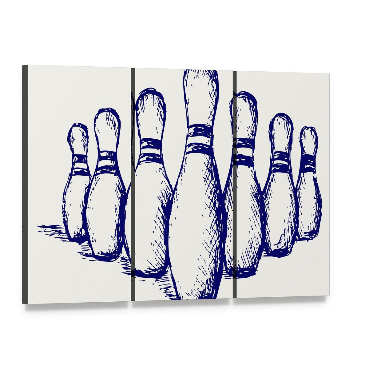 Bowling Pins Sketch Canvas Wall Art, 3 panel 3 Horizontal layout gallery wrapped canvas set, angled product view