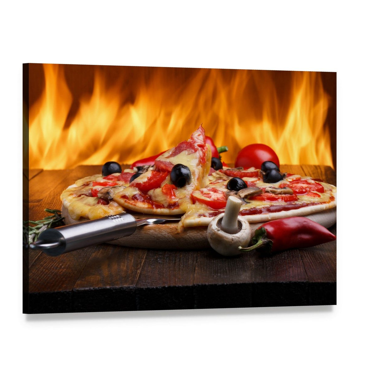 Hot Pizza with Oven Fire Canvas Wall Art, single panel gallery wrapped canvas, angled product view