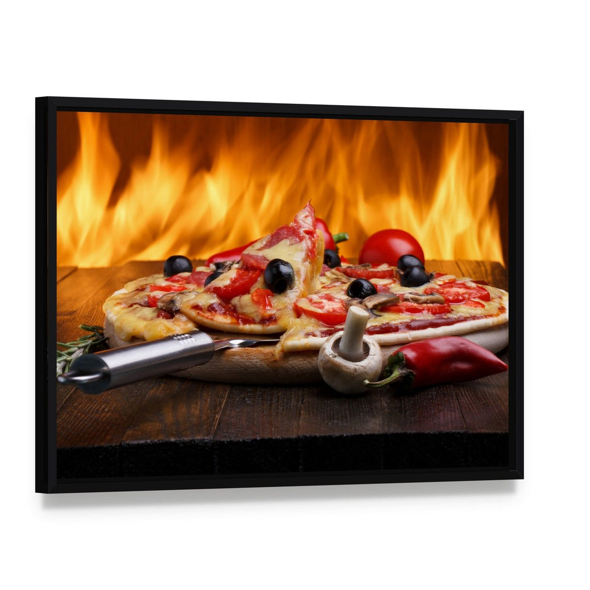 Hot Pizza with Oven Fire Canvas Wall Art, framed canvas in a black floater frame, angled product view