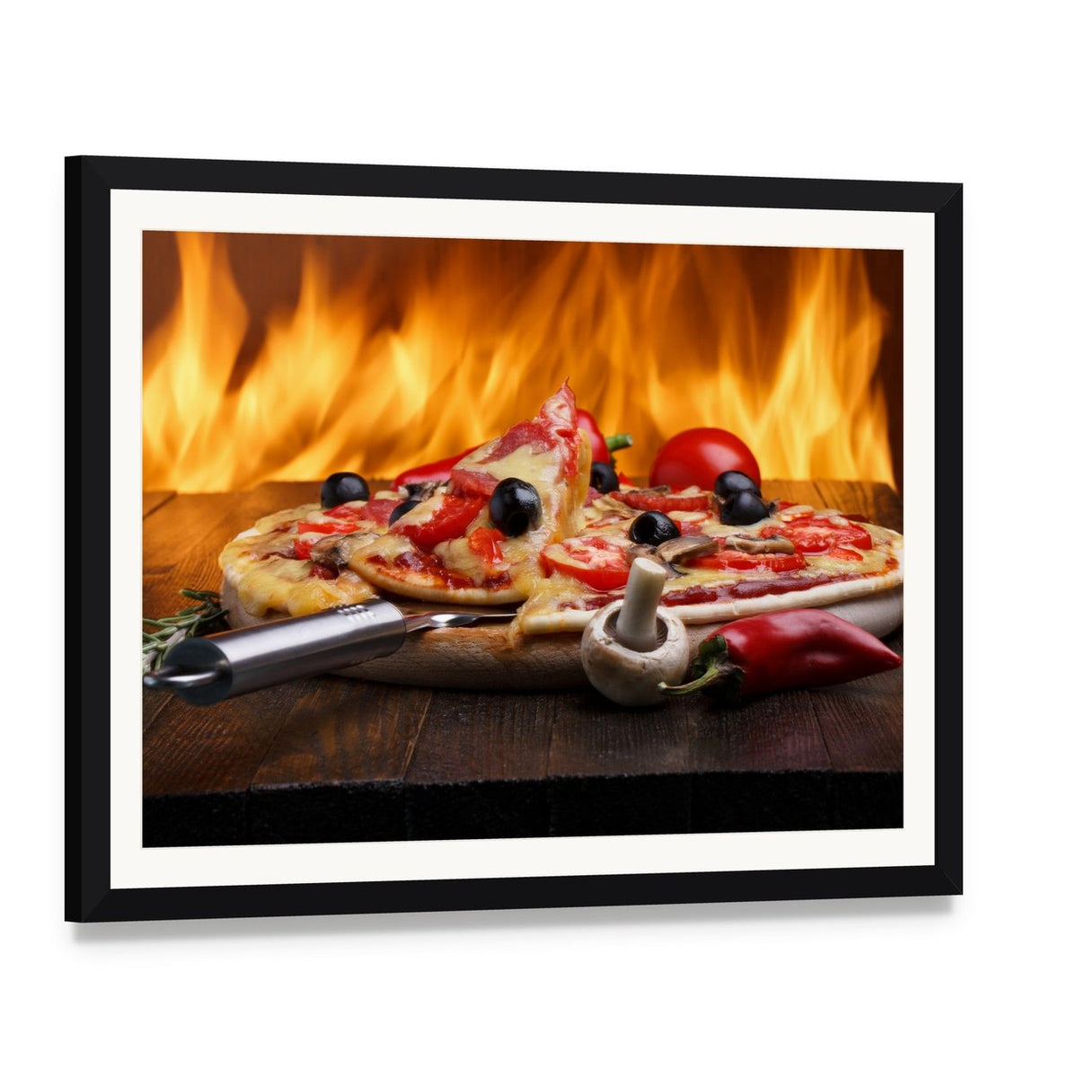 Hot Pizza with Oven Fire Canvas Wall Art, framed print with white mat and black frame, angled product view