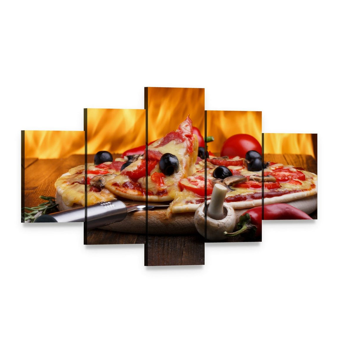 Hot Pizza with Oven Fire Canvas Wall Art, 5 panel 5 Star layout gallery wrapped canvas set, angled product view