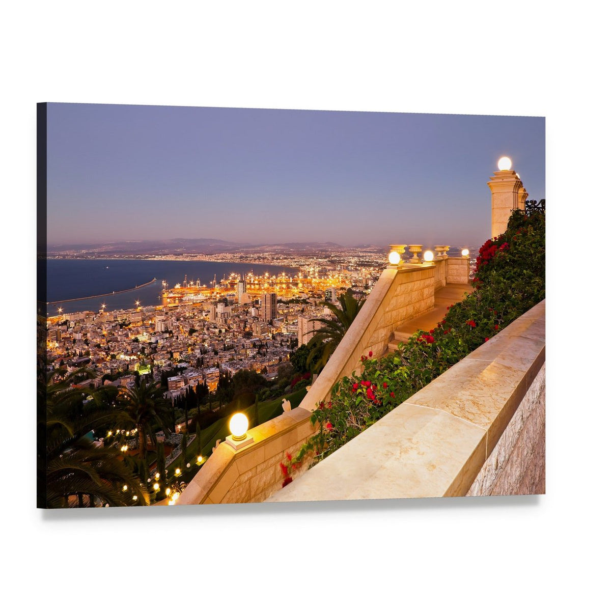 Coastal City at Dusk with Staircase Canvas Wall Art, single panel gallery wrapped canvas, angled product view