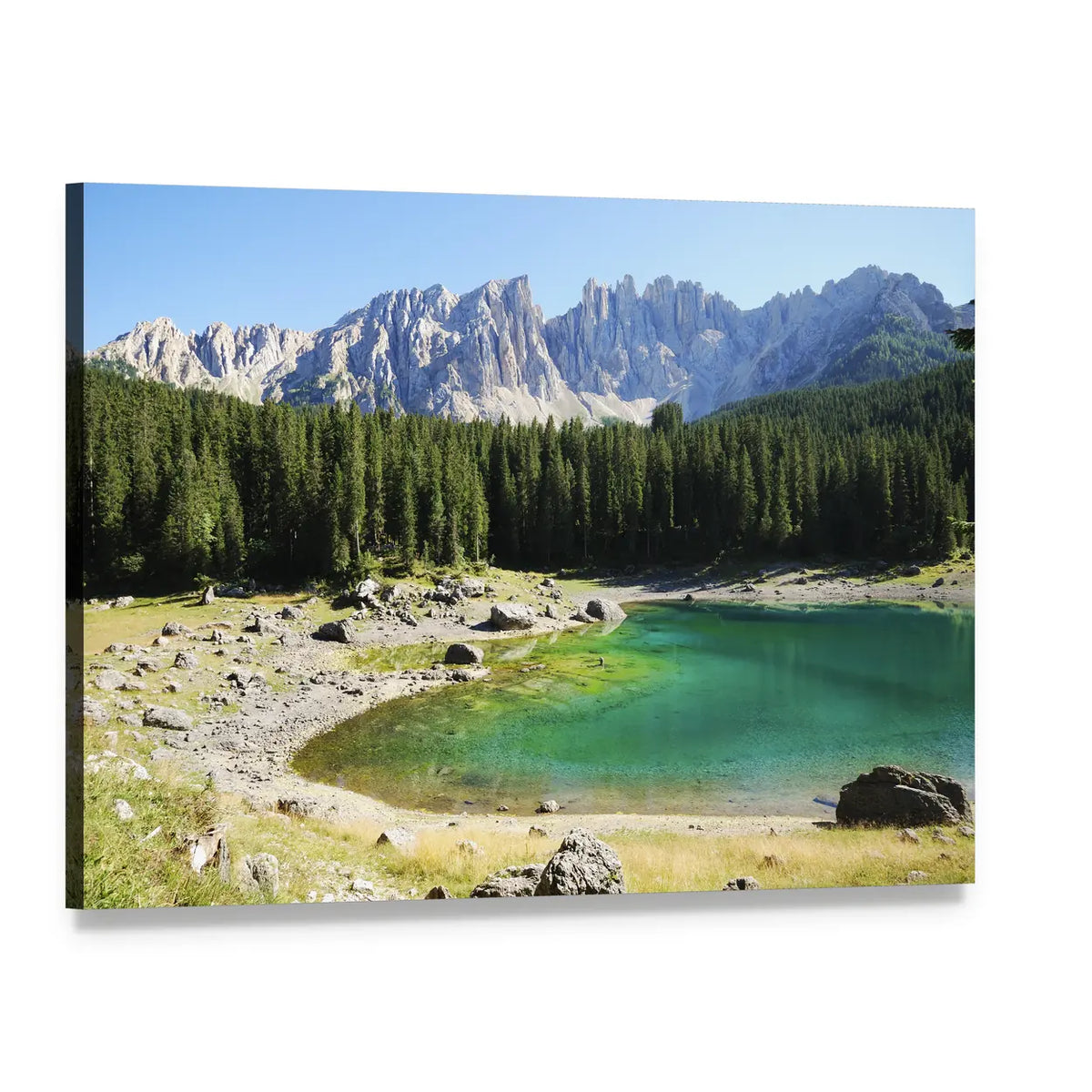 Clear Mountain Lake with Evergreen Forest Canvas Wall Art, single panel gallery wrapped canvas, angled product view