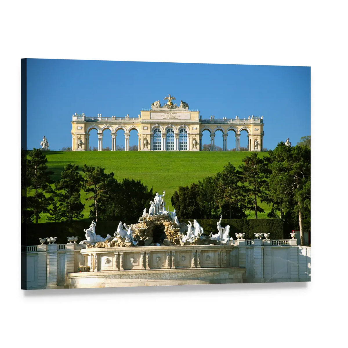 Schonbrunn Palace with Neptune Fountain Canvas Wall Art, single panel gallery wrapped canvas, angled product view