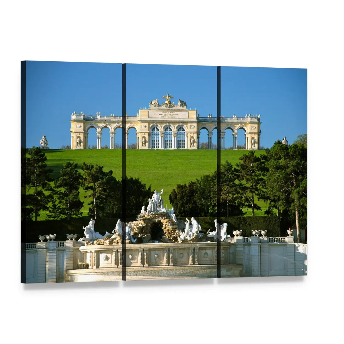 Schonbrunn Palace with Neptune Fountain Canvas Wall Art, 3 panel 3 Horizontal layout gallery wrapped canvas set, angled product view