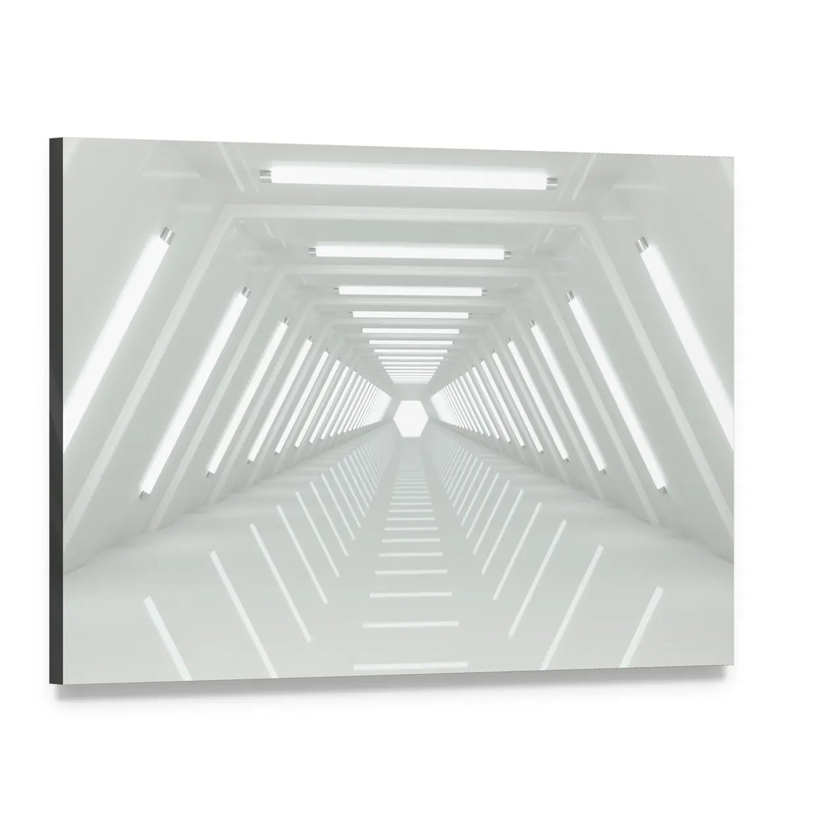 Futuristic White Corridor Tunnel Canvas Wall Art, single panel gallery wrapped canvas, angled product view
