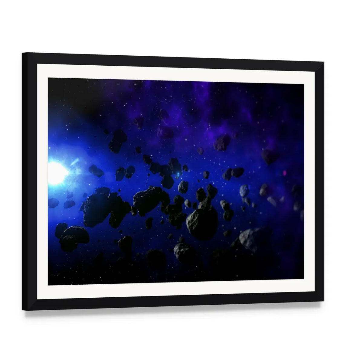 Flying Asteroids in Cosmic Nebula Canvas Wall Art, framed print with white mat and black frame, angled product view