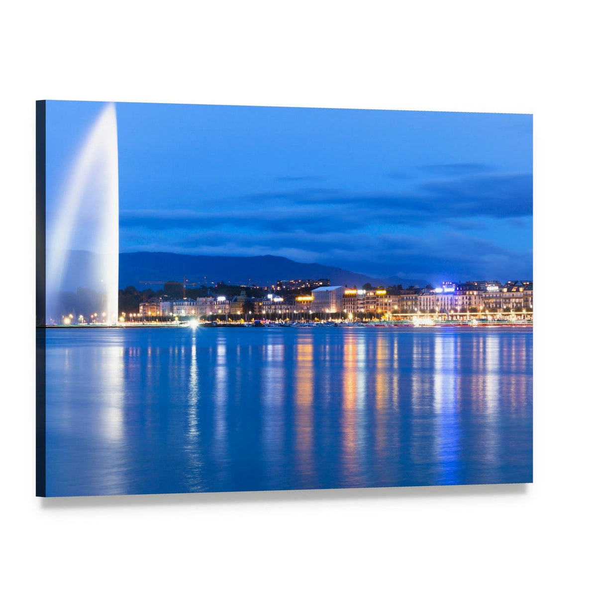 Lake Geneva Night Skyline Canvas Wall Art, single panel gallery wrapped canvas, angled product view