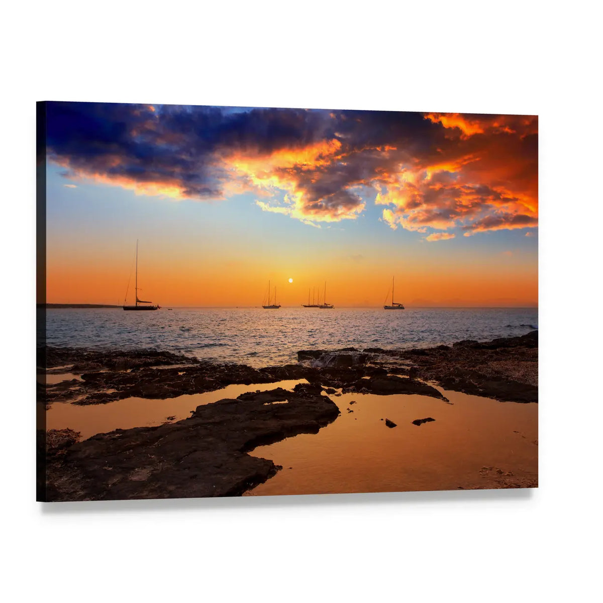 Sunset Over Rocky Shore with Sailboats Canvas Wall Art, single panel gallery wrapped canvas, angled product view