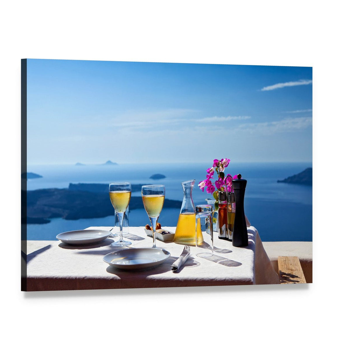 Table Setting Overlooking Santorini Sea Canvas Wall Art, single panel gallery wrapped canvas, angled product view