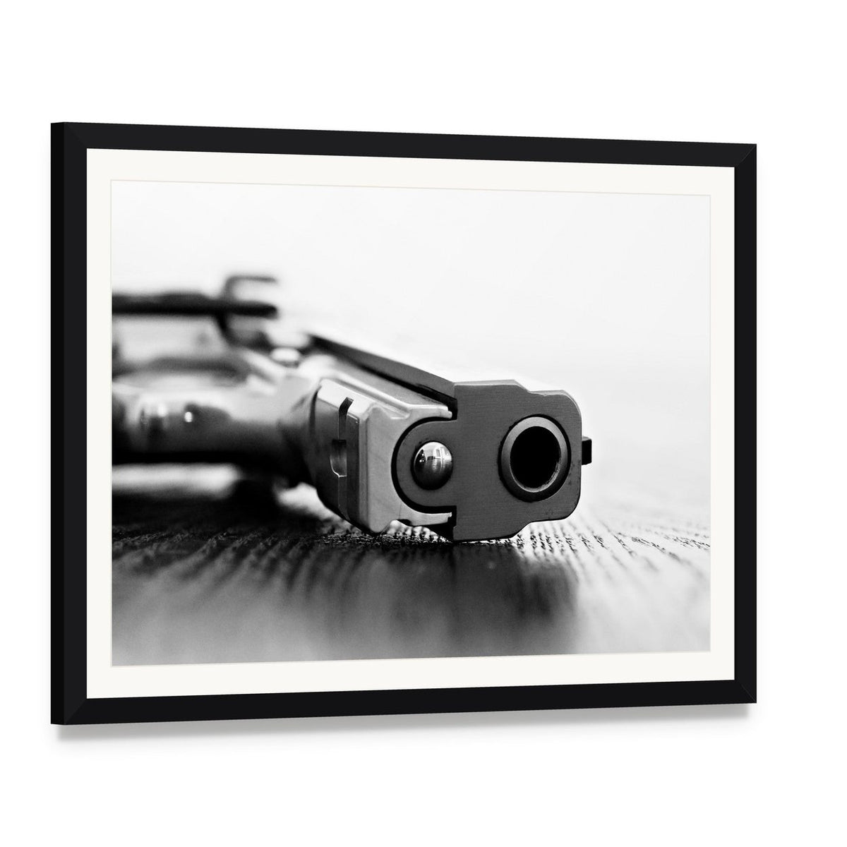 9mm Gun Canvas Wall Art, framed print with white mat and black frame, angled product view