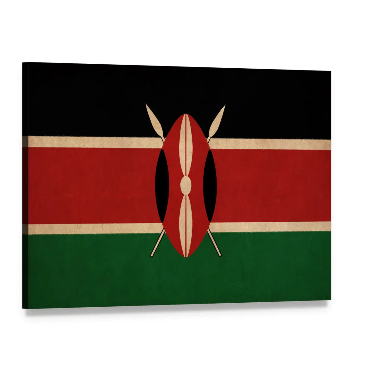 Kenya Flag with Maasai Shield and Crossed Spears Canvas Wall Art, single panel gallery wrapped canvas, angled product view