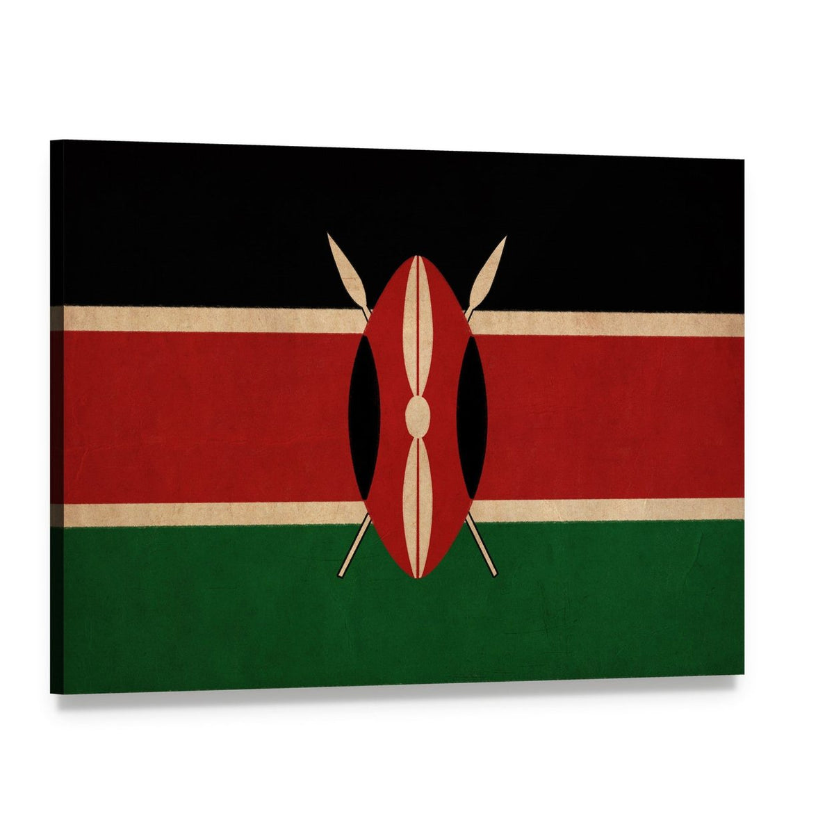 Vintage Kenyan Flag with Masai Shield Canvas Wall Art, single panel gallery wrapped canvas, angled product view