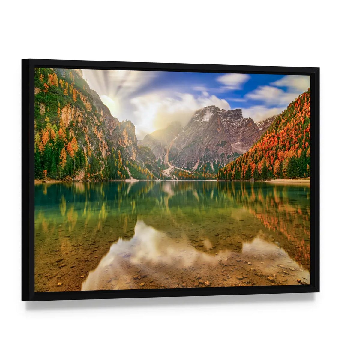 Autumn Reflection at Braies Lake Canvas Wall Art, framed canvas in a black floater frame, angled product view