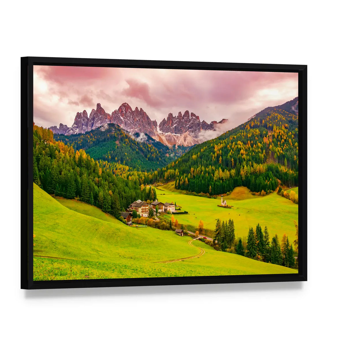 Santa Maddalena Village at Autumn Twilight Canvas Wall Art, framed canvas in a black floater frame, angled product view