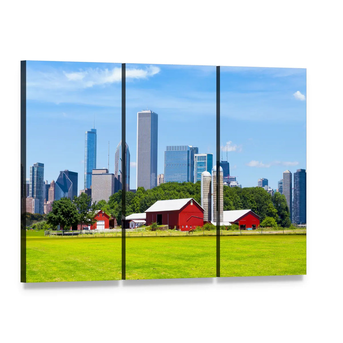 American Farm with Red Barn Canvas Wall Art, 3 panel 3 Horizontal layout gallery wrapped canvas set, angled product view