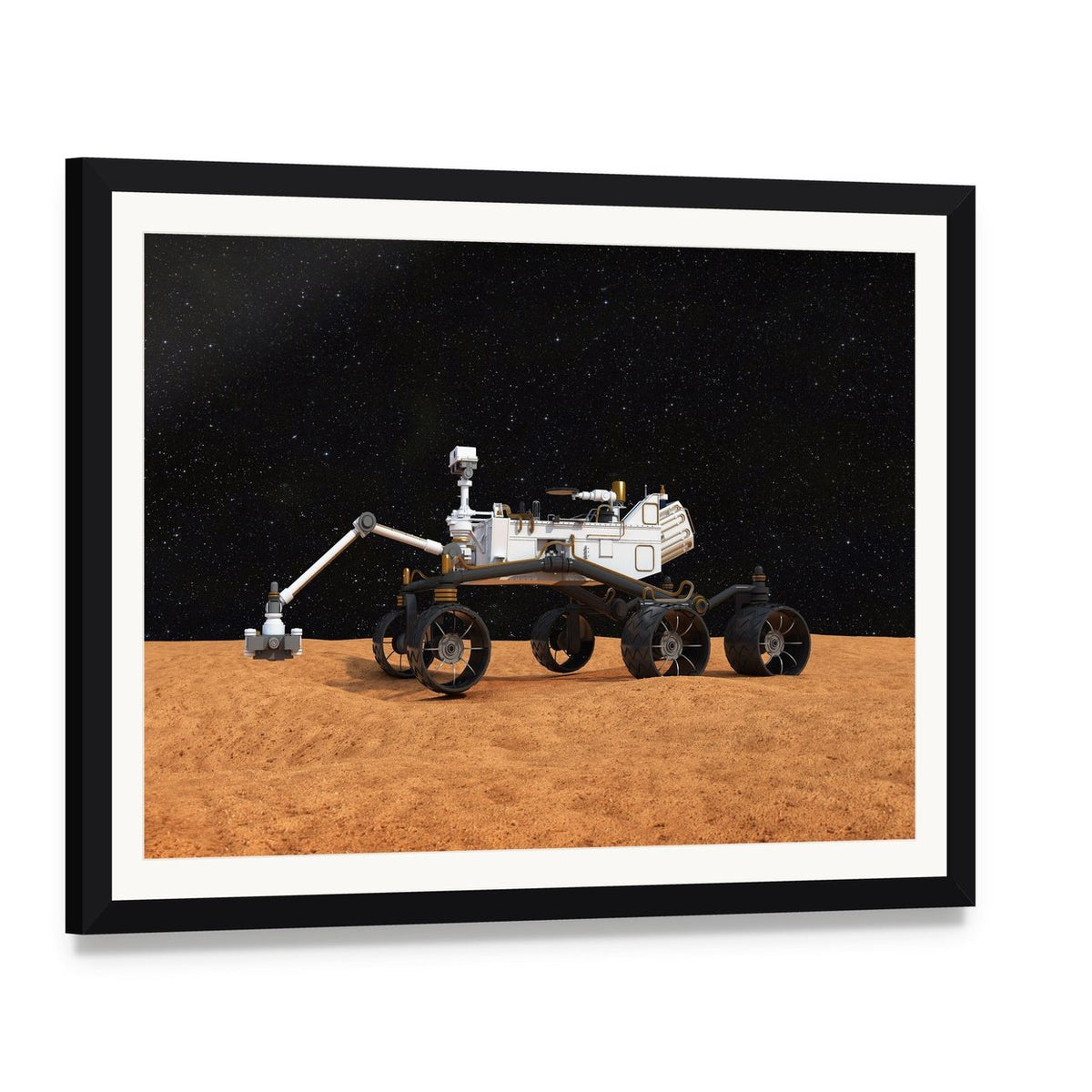 Curiosity Mars Rover Canvas Wall Art, framed print with white mat and black frame, angled product view