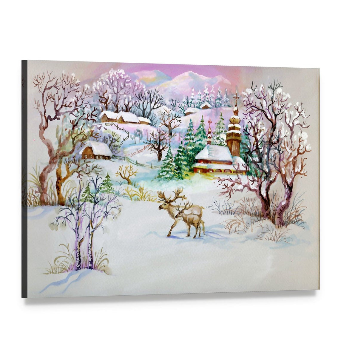 Watercolor Landscape Winter Village Life Canvas Wall Art, single panel gallery wrapped canvas, angled product view