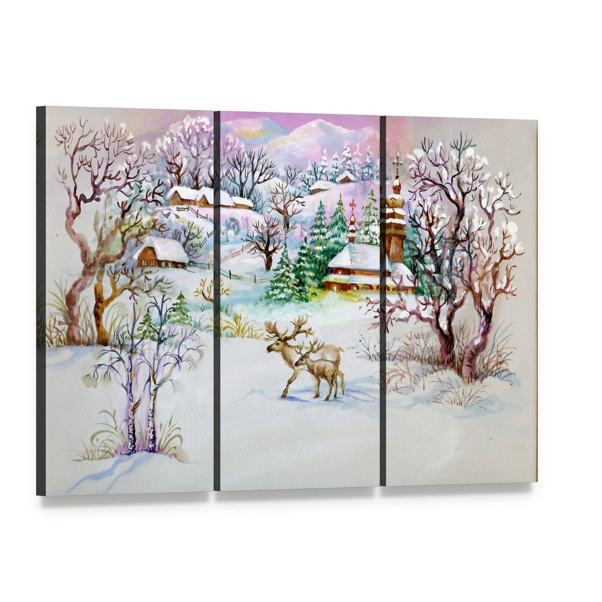 Watercolor Landscape Winter Village Life Canvas Wall Art, 3 panel 3 Horizontal layout gallery wrapped canvas set, angled product view
