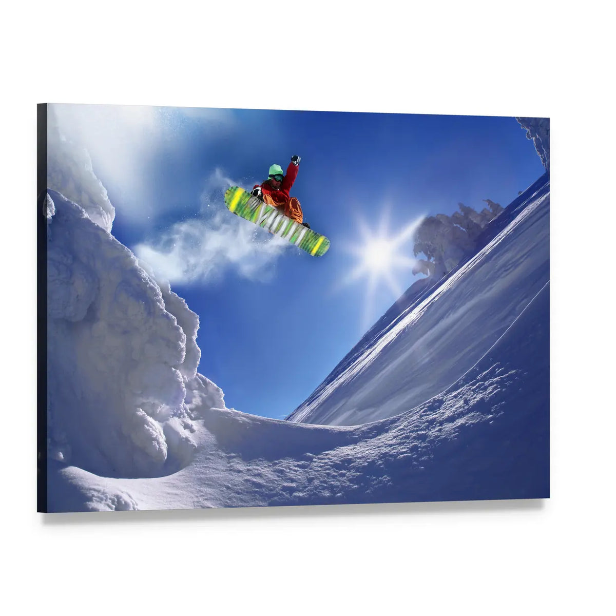 Snowboarder Jumping Against Blue Sky Canvas Wall Art, single panel gallery wrapped canvas, angled product view