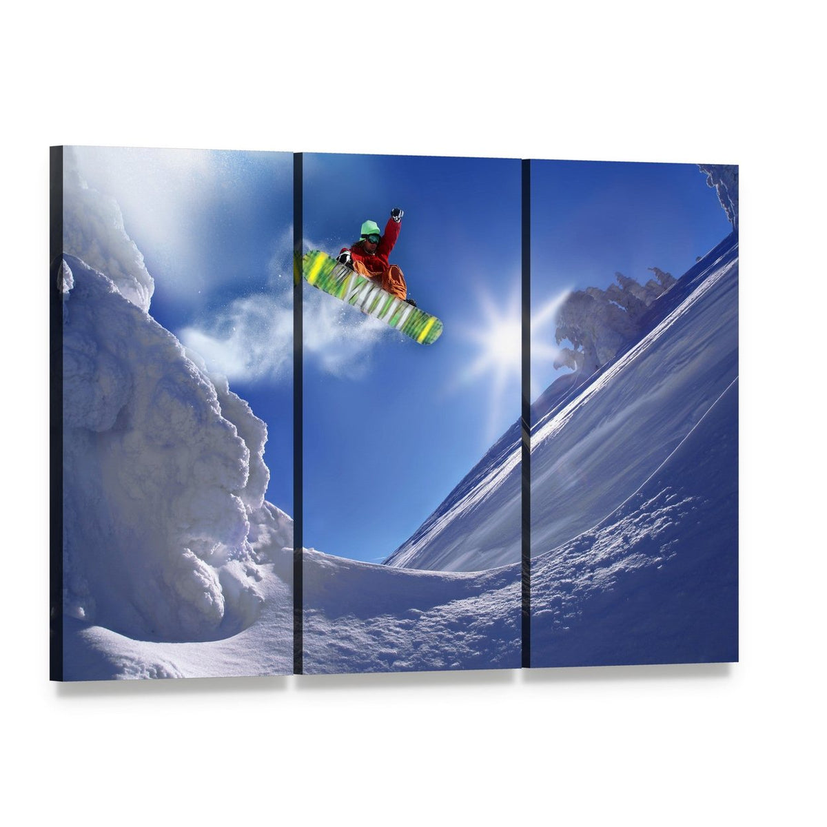 Snowboarder Jumping Against Blue Sky Canvas Wall Art, 3 panel 3 Horizontal layout gallery wrapped canvas set, angled product view