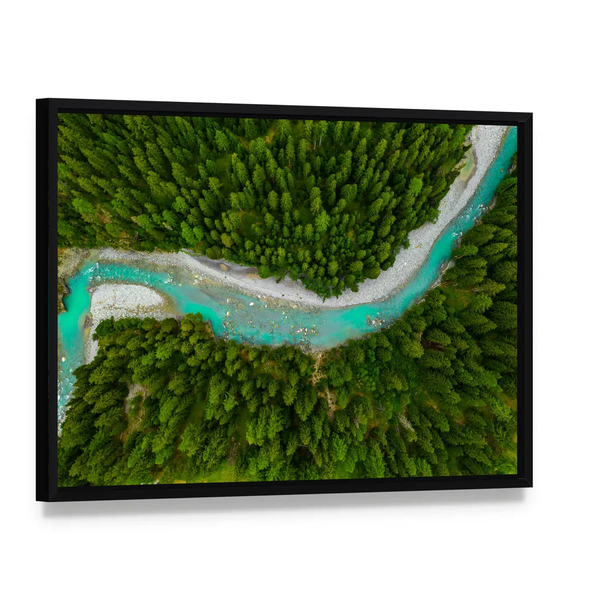 Inn River Flowing In Forest In Switzerland Canvas Wall Art, framed canvas in a black floater frame, angled product view