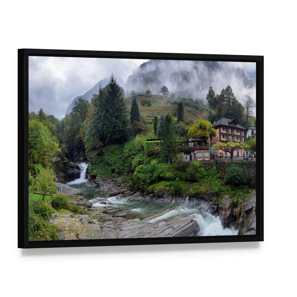 Swiss Mountain Village House and Waterfall Canvas Wall Art, framed canvas in a black floater frame, angled product view