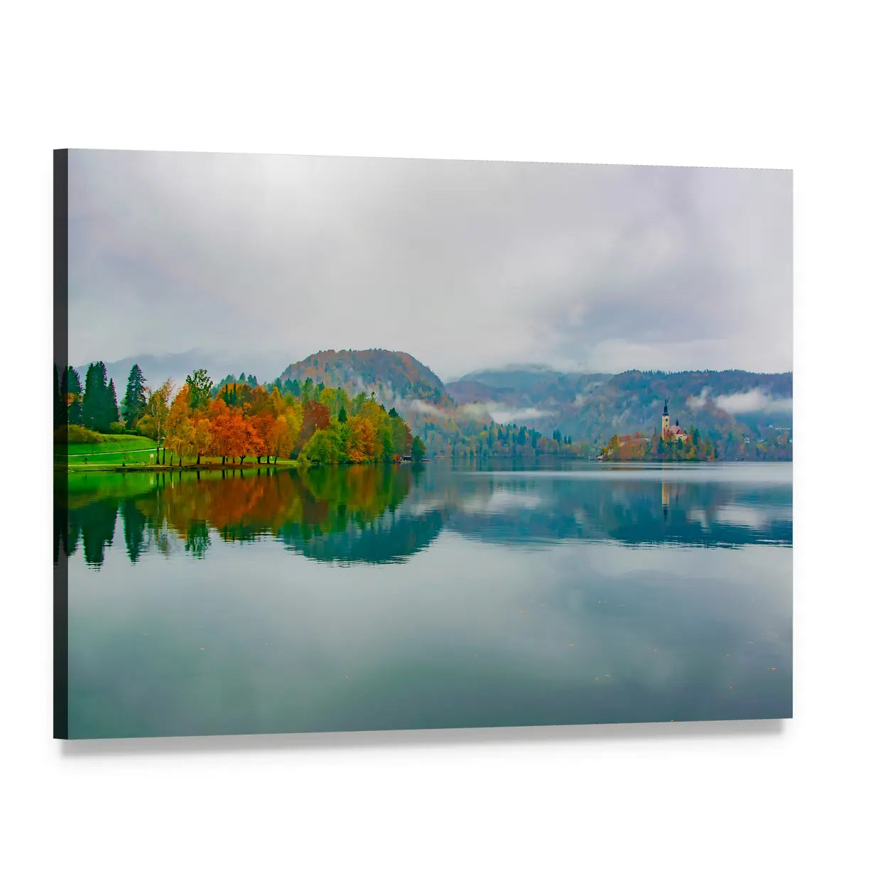 Autumn at Bled Lake, Slovenia Canvas Wall Art, single panel gallery wrapped canvas, angled product view