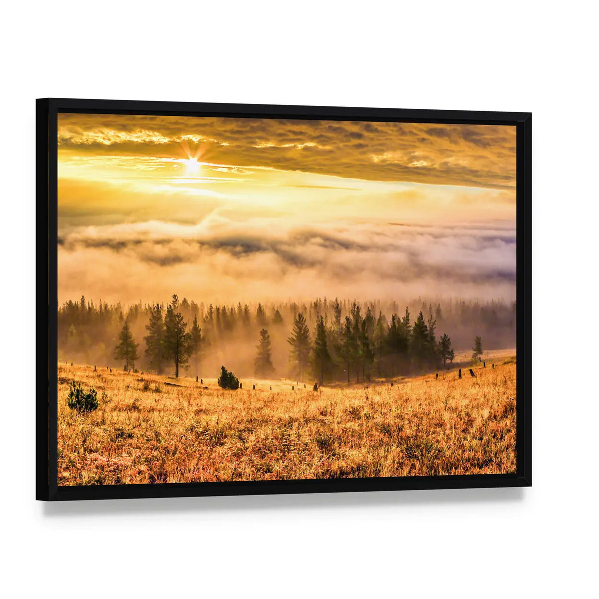 Ural Taiga Hills At Dawn In Bashkortostan Canvas Wall Art, framed canvas in a black floater frame, angled product view