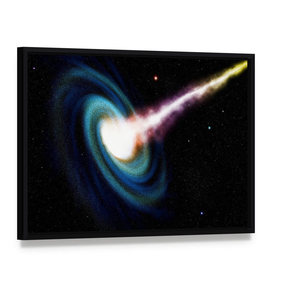 Black Hole Swallowing Galaxy Canvas Wall Art, framed canvas in a black floater frame, angled product view