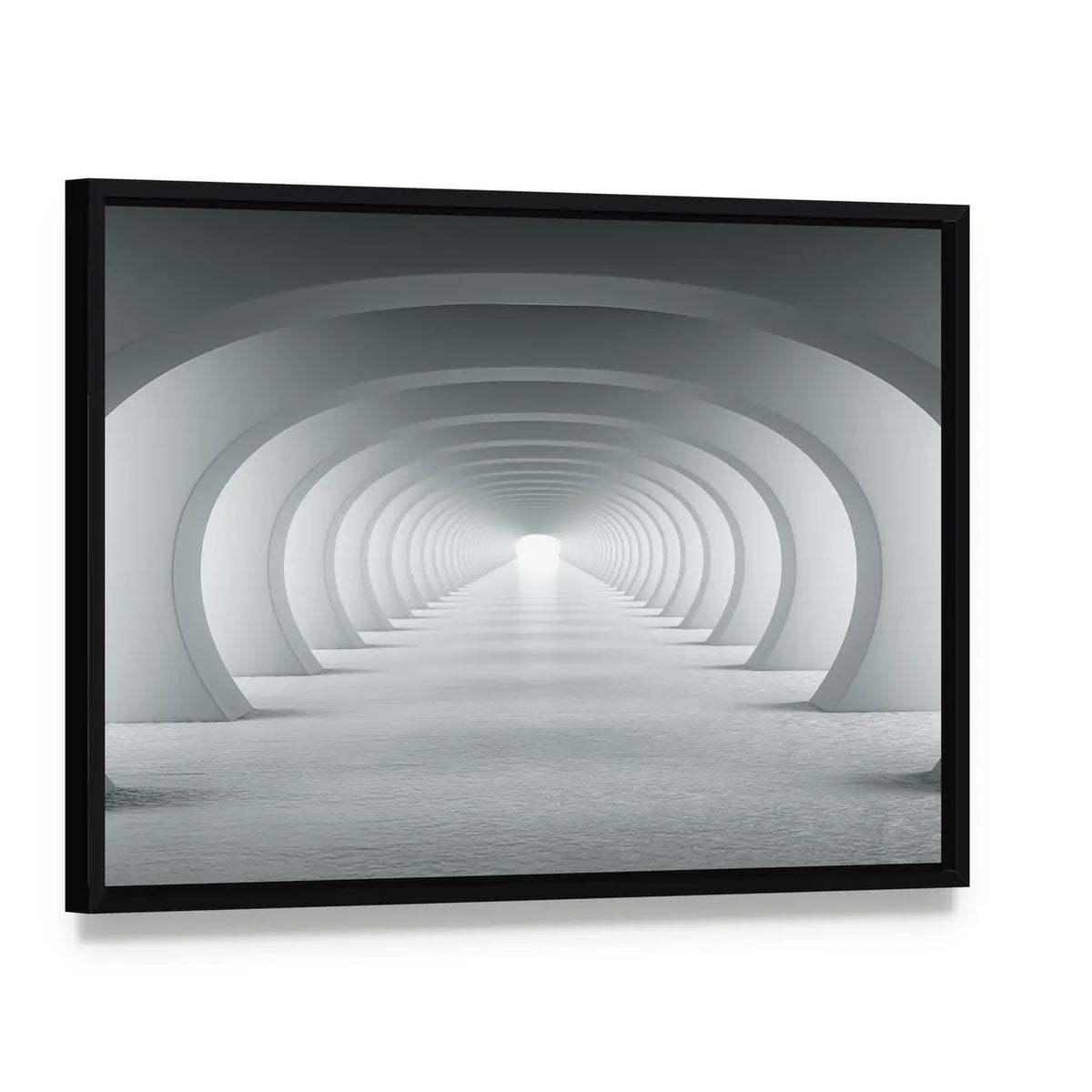 3d White Arch Tunnel Canvas Wall Art, framed canvas in a black floater frame, angled product view