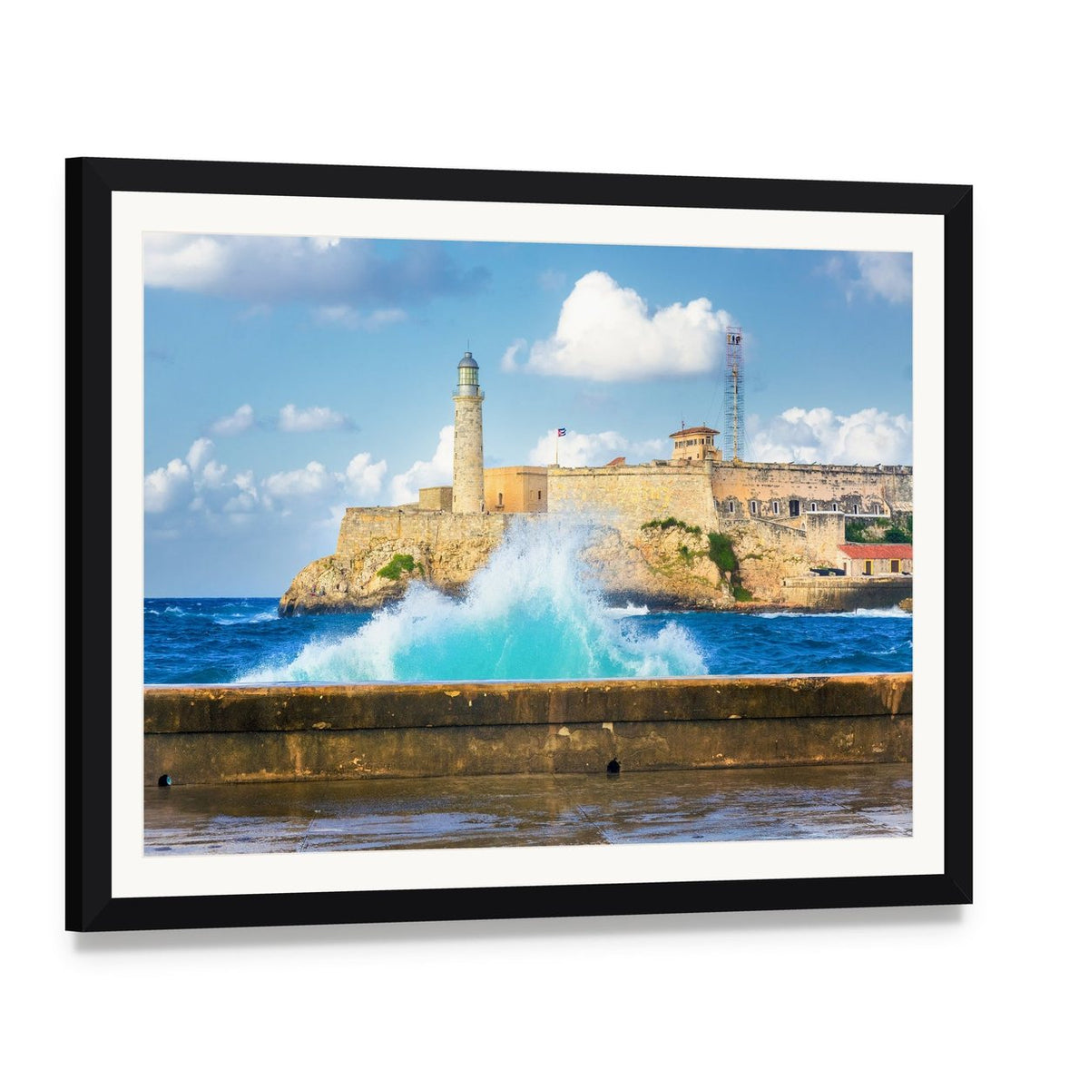 Castle on the Cliff in Cuba Canvas Wall Art, framed print with white mat and black frame, angled product view