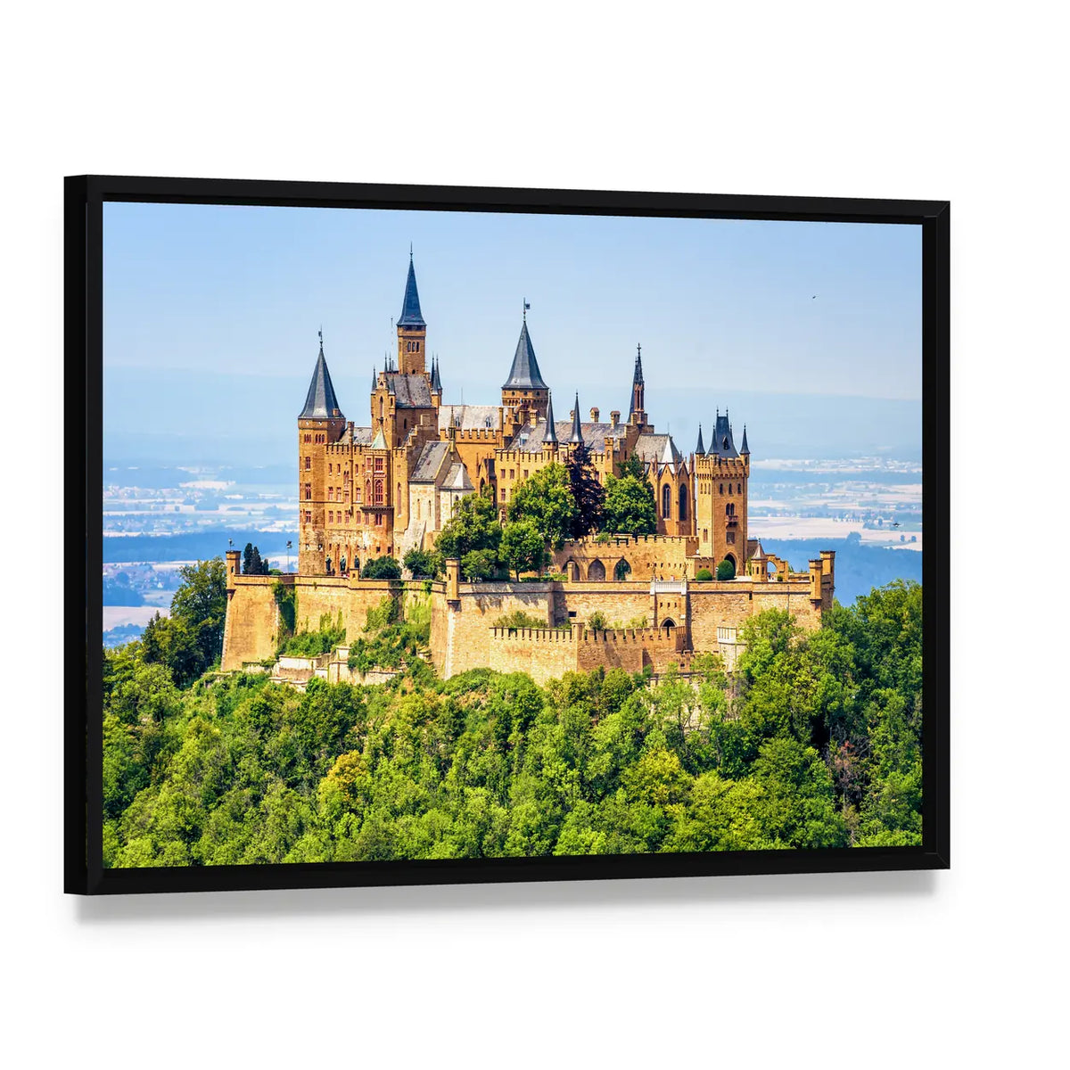 Hohenzollern Castle Canvas Wall Art, framed canvas in a black floater frame, angled product view