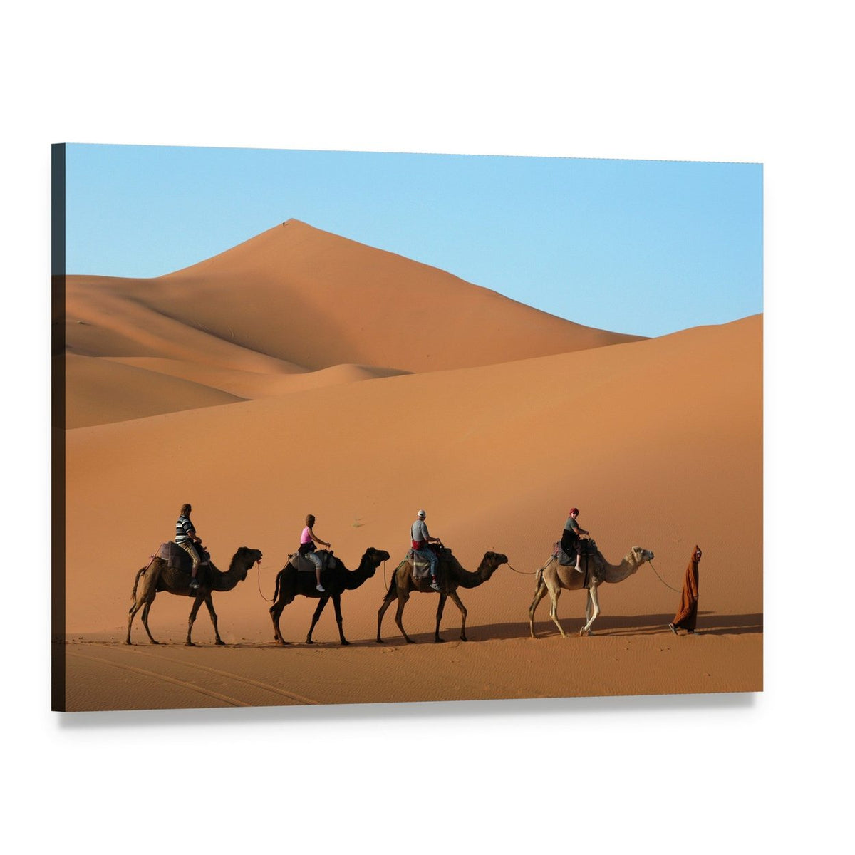 Camels Walking Through Moroccan Dunes Canvas Wall Art, single panel gallery wrapped canvas, angled product view