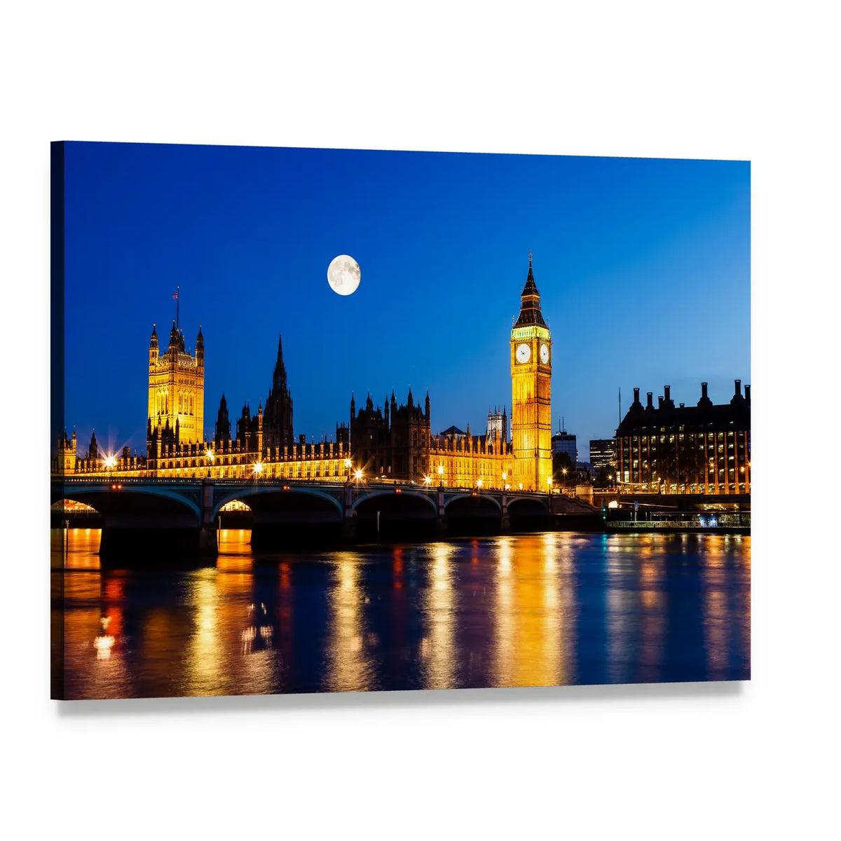 Moon Above Big Ben Canvas Wall Art, single panel gallery wrapped canvas, angled product view