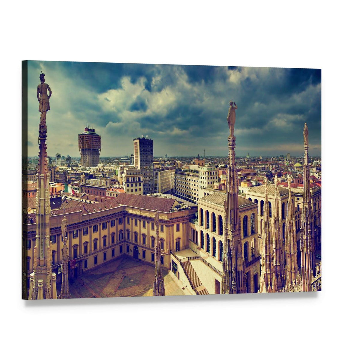 Milan Cityscape with Statues and Spires Canvas Wall Art, single panel gallery wrapped canvas, angled product view