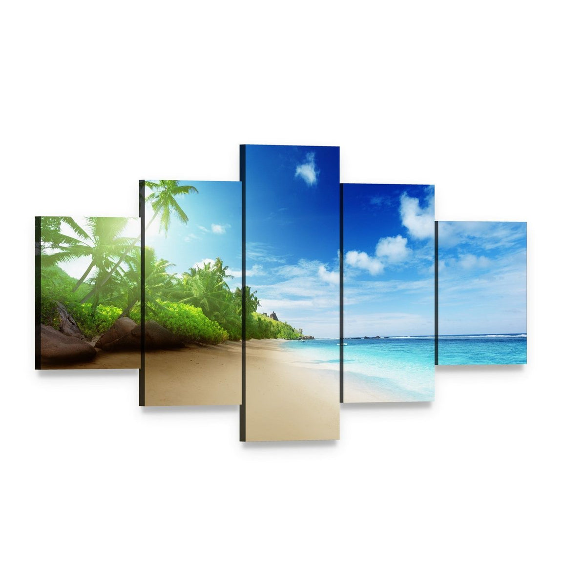 Sunset Time on Mahe Island Canvas Wall Art, 5 panel 5 Star layout gallery wrapped canvas set, angled product view