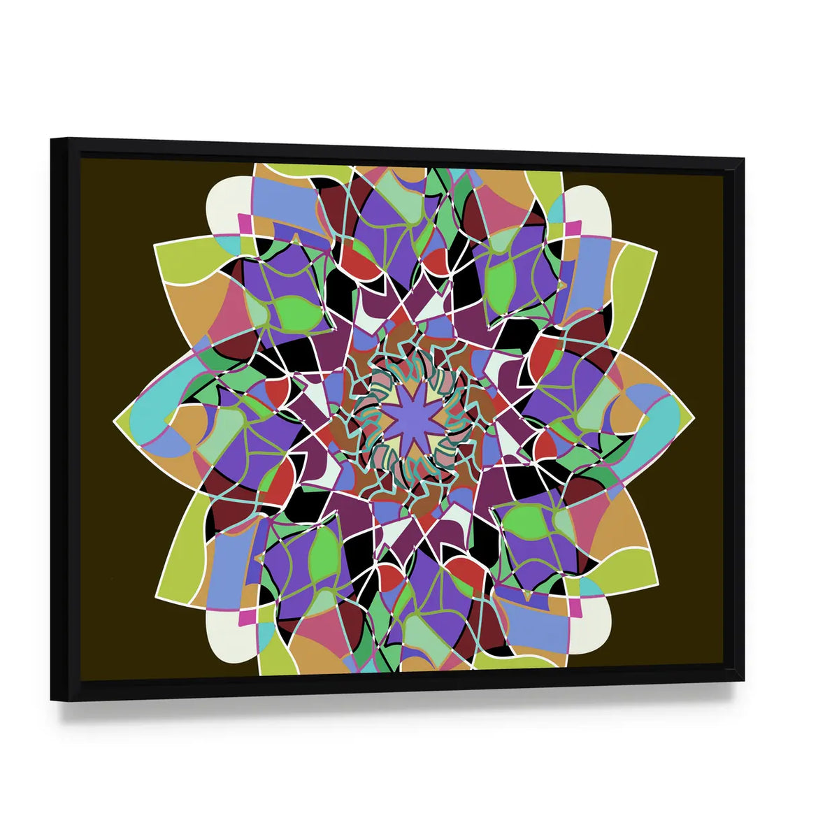 Dahlia Flower Mandala Canvas Wall Art, framed canvas in a black floater frame, angled product view