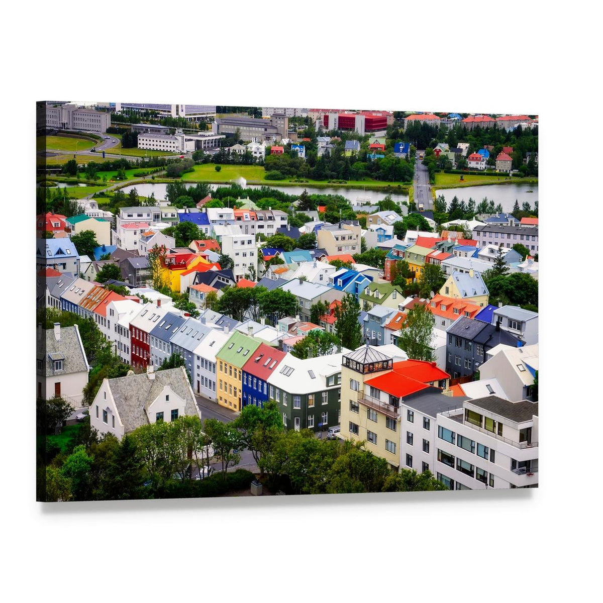 Colorful Houses in Reykjavík Canvas Wall Art, single panel gallery wrapped canvas, angled product view