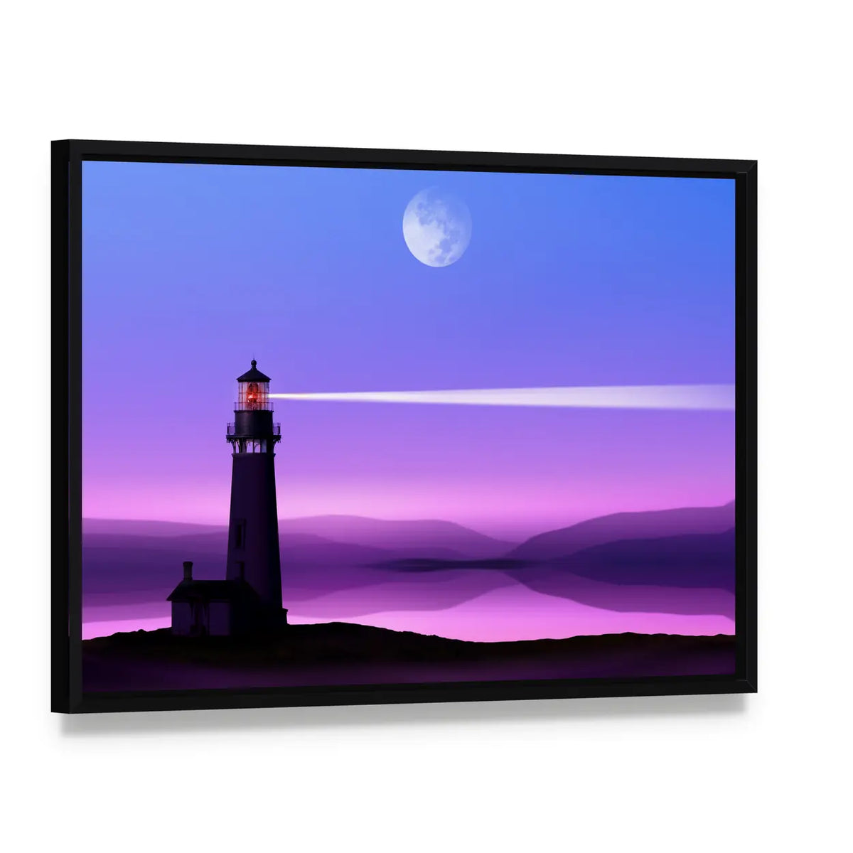 Moonlit Lighthouse Silhouette Canvas Wall Art, framed canvas in a black floater frame, angled product view