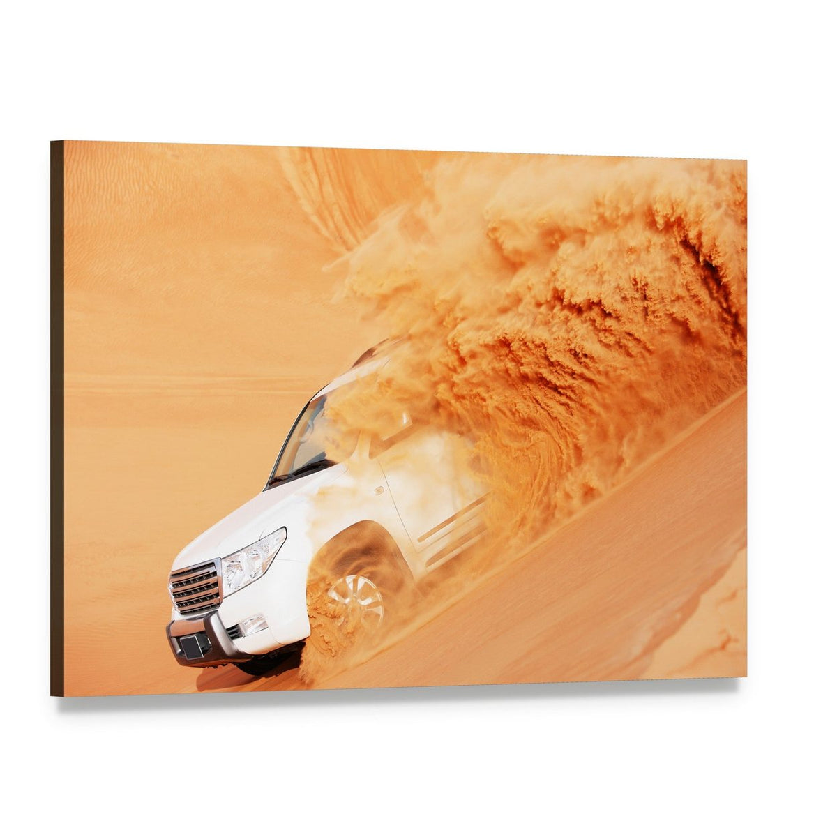White Suv Kicking Up Sand Canvas Wall Art, single panel gallery wrapped canvas, angled product view