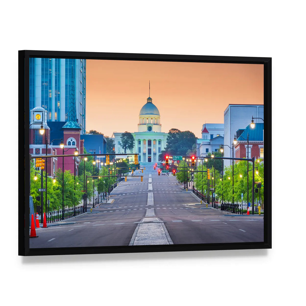Montgomery State Capitol at Dawn Canvas Wall Art, framed canvas in a black floater frame, angled product view