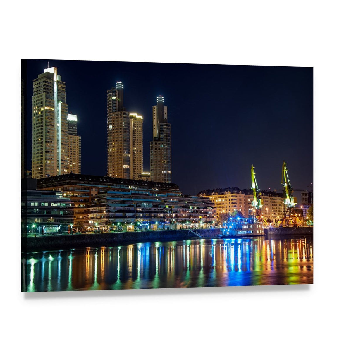 Puerto Madero City Skyline at Night Canvas Wall Art, single panel gallery wrapped canvas, angled product view
