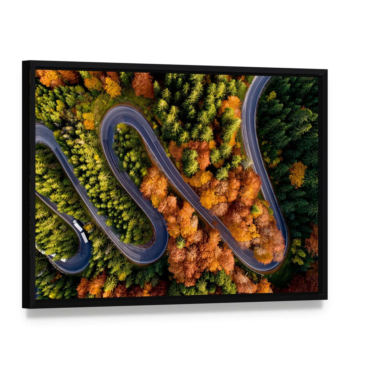 Serpentine Asphalt Road Canvas Wall Art, framed canvas in a black floater frame, angled product view