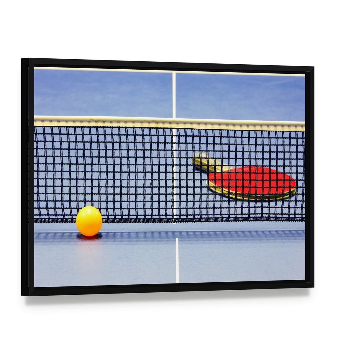 Table Tennis Racket and Ball Canvas Wall Art, framed canvas in a black floater frame, angled product view