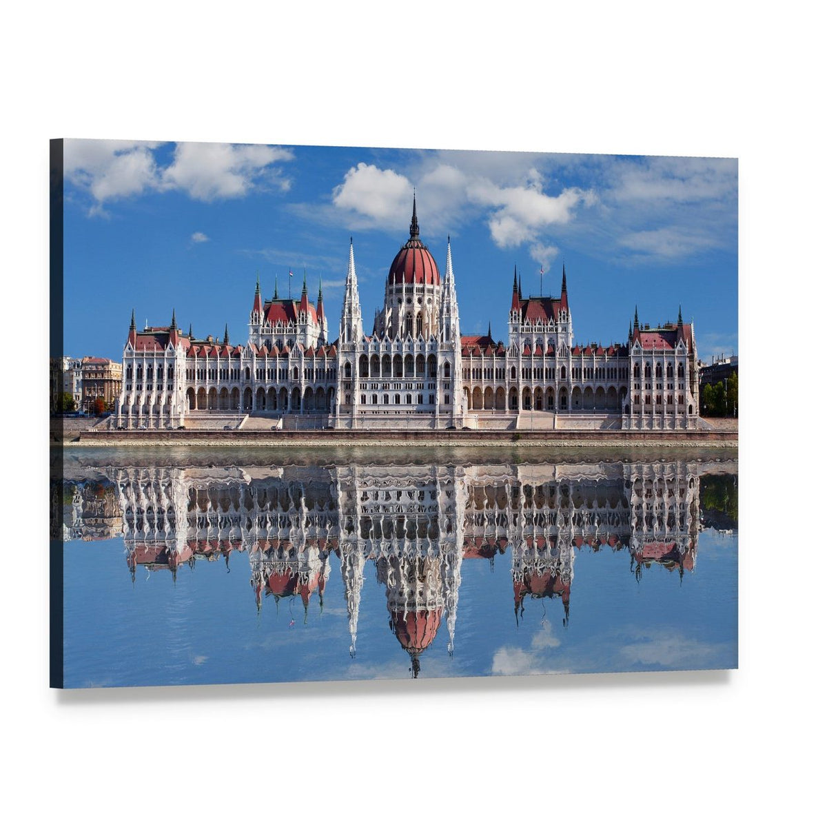 Hungarian Parliament Reflection Over Danube River Canvas Wall Art, single panel gallery wrapped canvas, angled product view